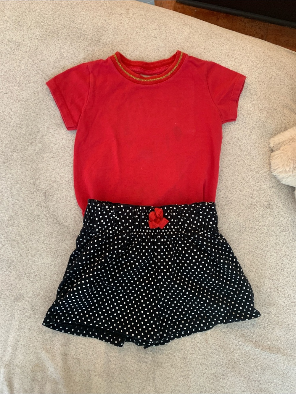 Milon Red Tee with Mayoral Black Polka Dot Shorts